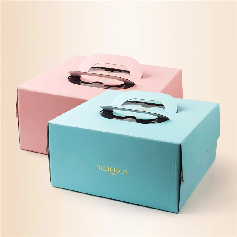 Özel logo karton kek kutuları ambalaj şeffaf plastik pencere ile, kek kağit kutu tasarımı saplı