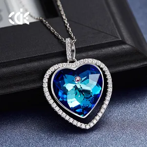 925 Silver Blue Crystal Aquamarine Gemstone Heart Pendant Necklace Heart Of The Ocean