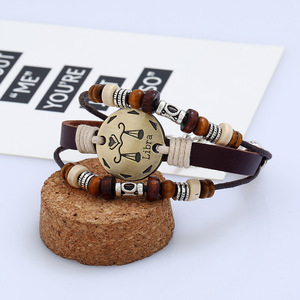 Nuova Venuta In Pelle Classica Segno Zodiacale Bracciale In Metallo Piatto Della Lega Braccialetto di Fascino Dello Zodiaco Per Gli Uomini E Le Donne - Product Image 2