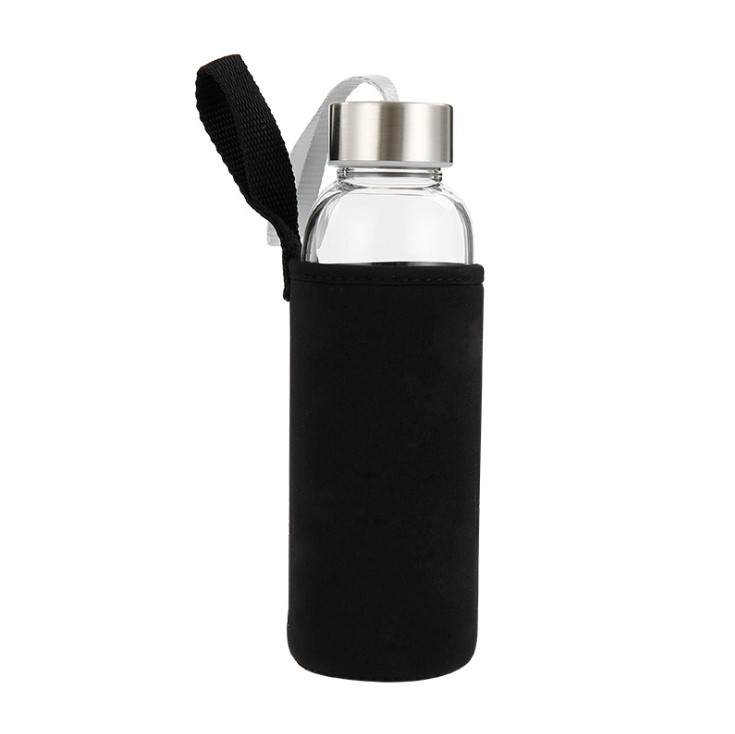 Custom Portable Borosilicate Glass Sport Water Bottle with Stainless Steel/Bamboo/Plastic Lid, Protective Sleeves