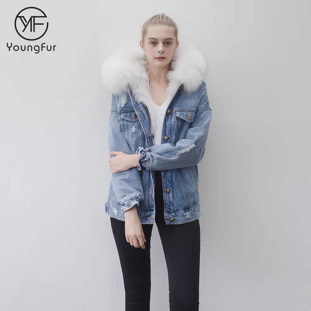 New Arrival Fashion Women Winter Denim Jacket Parka Wholesale Natural Fox Fur Lining Jean Jacket