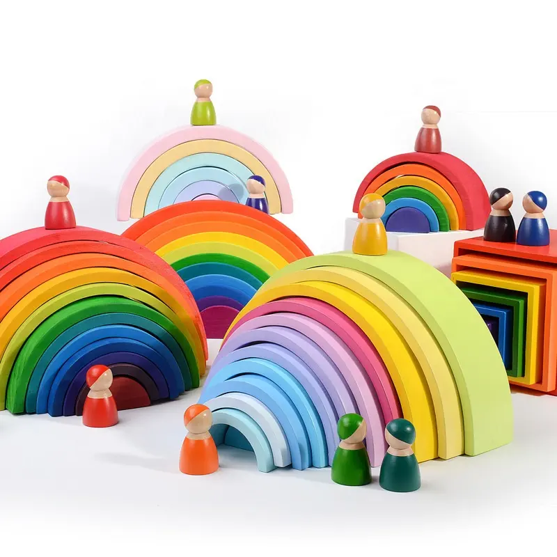 Juego de bloques de construcción de madera Montessori, 12 piezas, juguete educativo de apilamiento de arcoíris grande