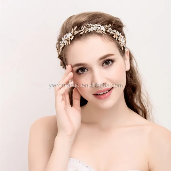 Floral crystal gold plated flower hair piece wedding headband bridal accessories for loog hair