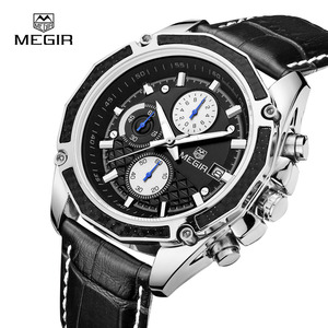 MEGIR – montre à Quartz pour hommes, bracelet en cuir, chronographe analogique, calendrier, montre-bracelet, <span class=keywords><strong>Sport</strong></span>, 2015 - Product Image 3