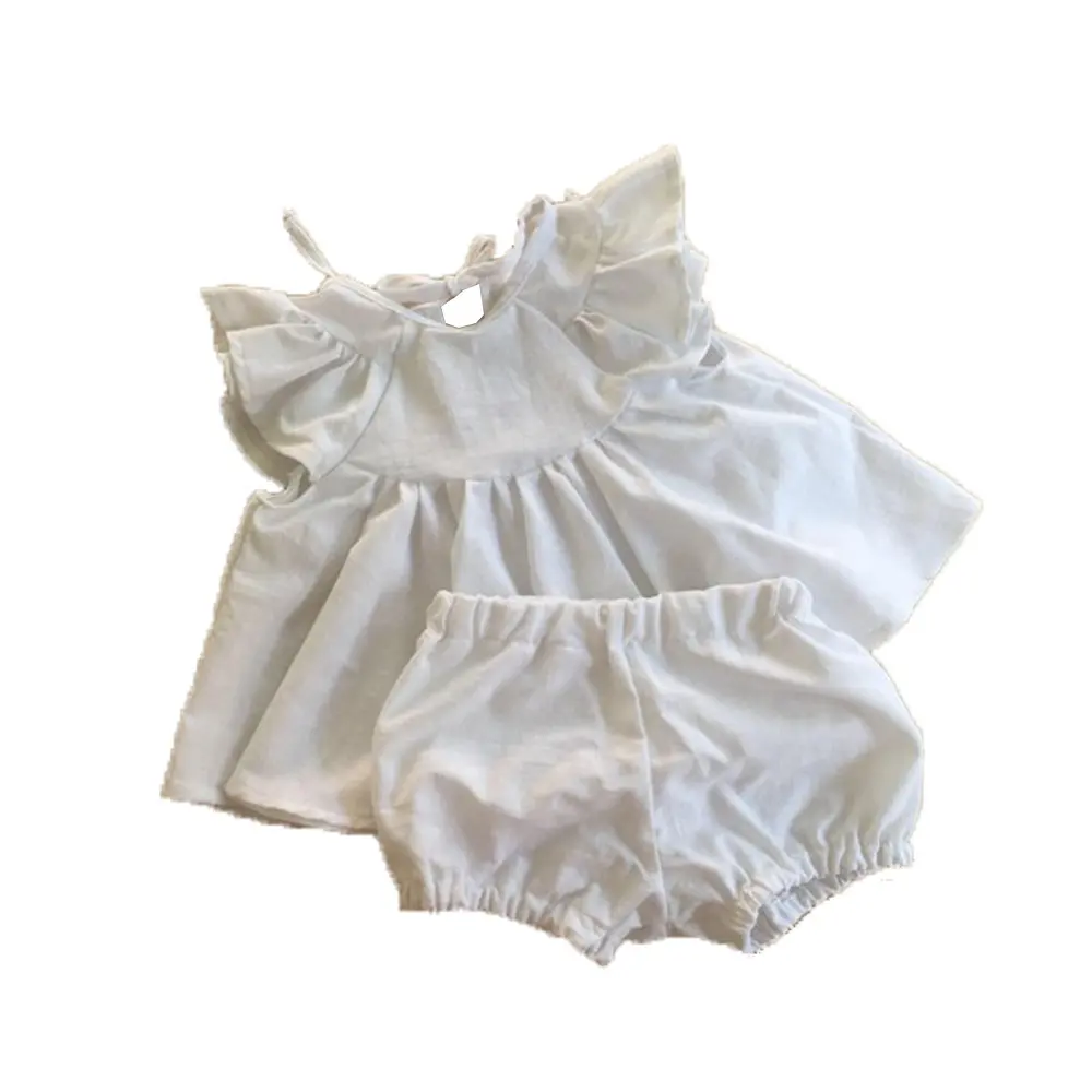 Kinder setzt Baby weißes Leinen Outfit Top und Bloomer Outfit für Kinder