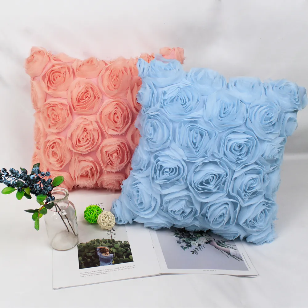 Chiffon Rose Decorative Cushion Cover Popular Style Embroidered Rose Throw Pillow Case Manufacturers