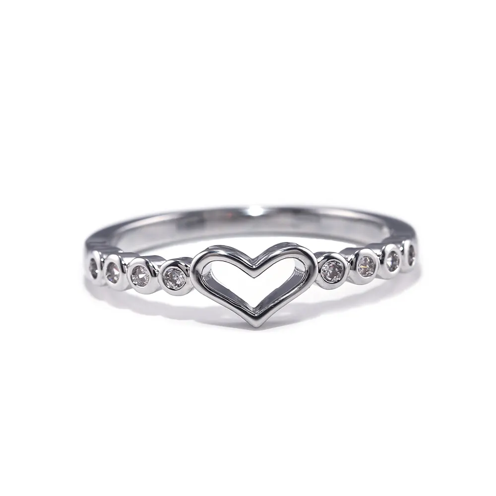 Pequeno anel de amor fresco simples 925 prata banhado, jóias em forma de coração, anel desenhos para meninas