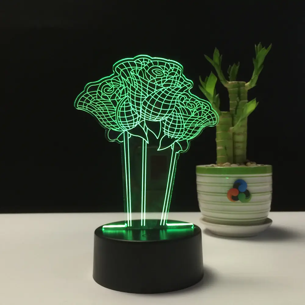 Lampu Malam Bunga Mawar Romantis, Led 3D Warna-warni Lampu RGB Hadiah untuk Ulang Tahun Anak-anak
