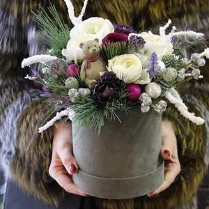 Round Velvet Flower Hat Box with Ribbon Bow