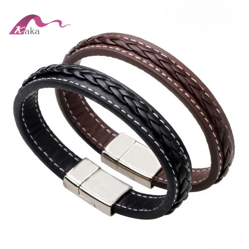 2017 Fashion Style Men's Stainless Steel Clasp and Black Braided Leather Bracelet for Boys