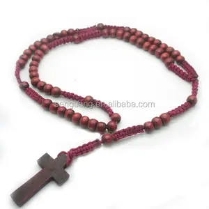 Cherry Wooden Bead Rope Design Prayer Cross Rosary Necklace