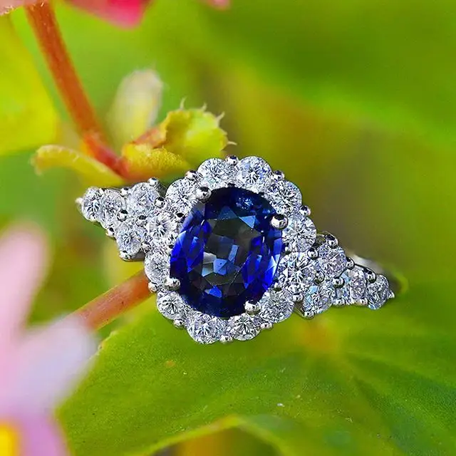 Cincin Pertunangan Safir Biru Wanita, Perhiasan Desain Bunga Perak 925 Mewah untuk Wanita