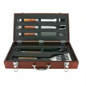 Ensemble d'accessoires pour barbecue, grill luxueux de bbq avec manche en bois, set d'outils pour bbq avec étui, 5 pièces