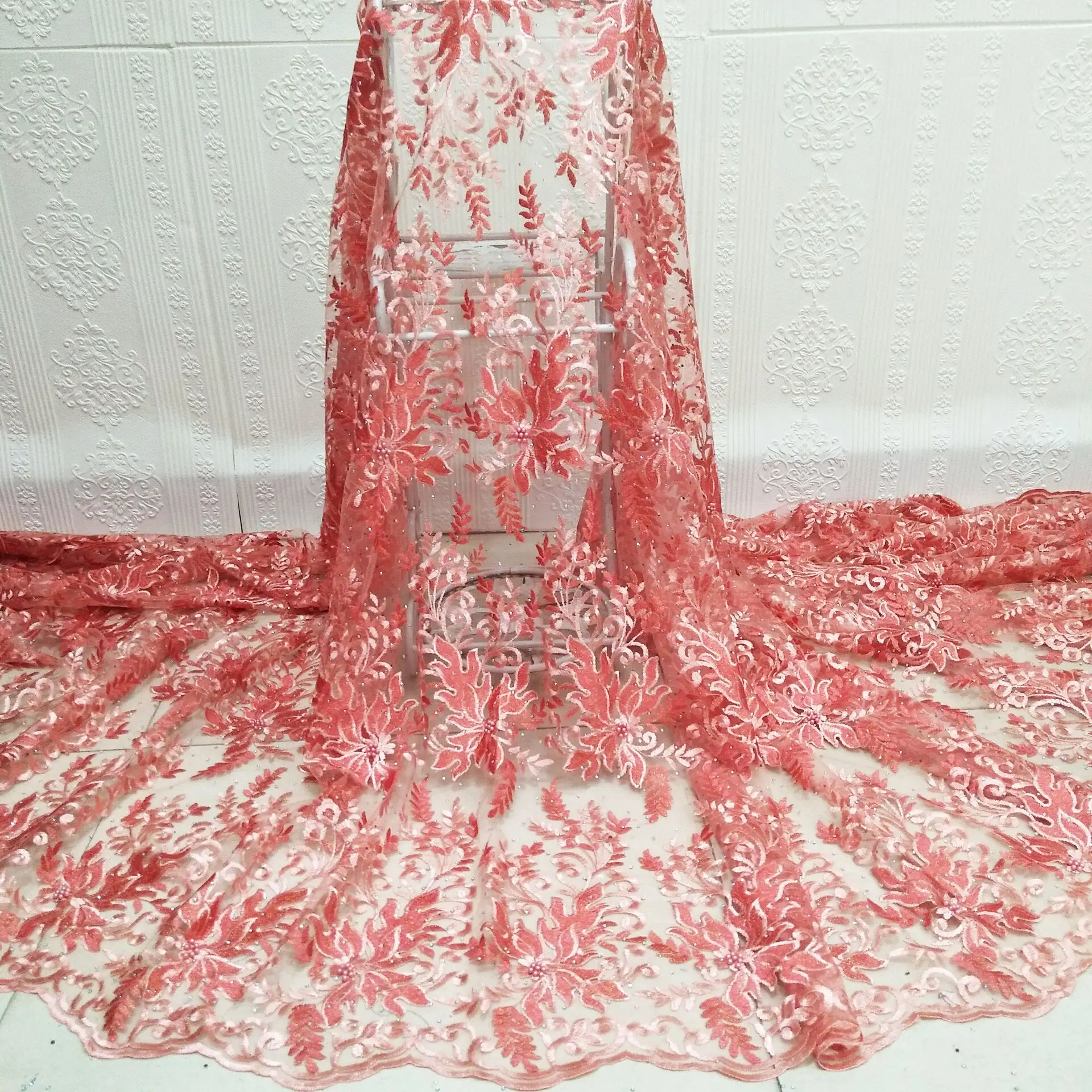 Ren Vải 3D Đính Cườm Ren Với Đá SH010 Phi Wedding Dress Chất Liệu Phong Cách Châu Phi Ren Pháp