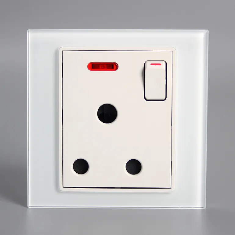 White crystal 3 round pin socket 15A South African Indian plug socket with on/off button switch