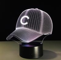 Luz LED 3D con imagen de sombrero de béisbol para niños, lámpara de mesita de noche intermitente en 7 colores, decoración de habitación, luz 3D