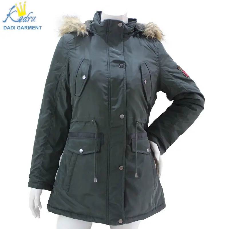 OEM service long parka with fur lining for lady jacket and embroidery