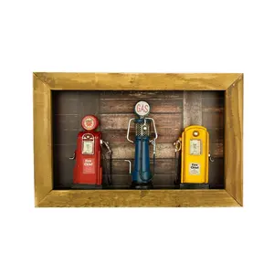 Creative Crafts Wooden Shadow Box Metal Wall Decor Vintage European Style Gas Pump Figurines Desktop Home Decor Accessories