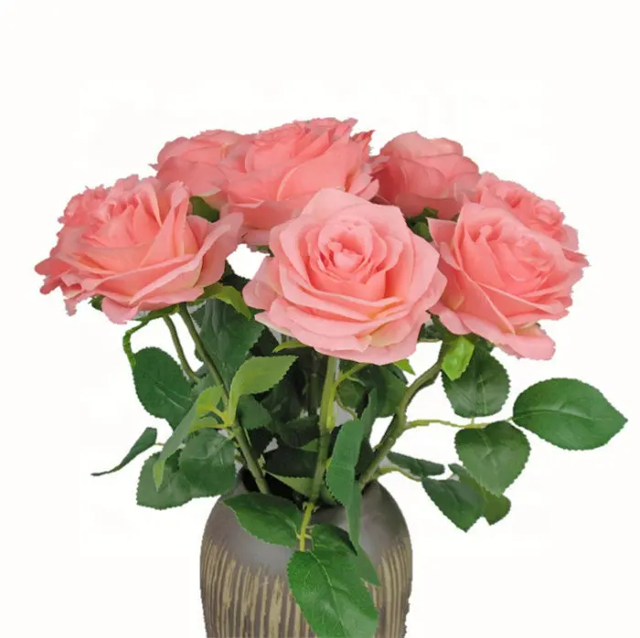 F-1014 ขายส่งตกแต่งบ้านประดิษฐ์ผ้าไหมดอกไม้สีชมพูกุหลาบ Rose Stems