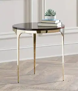 Modern Brass Gold Stainless Steel Black Wood Top Side Table