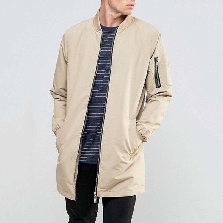 Wholesale Fashion Men Winter Long Bomber Jacket With Side Zip Pockets