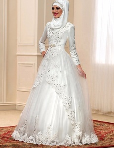 6001# Novità Ingrosso Abito da Sposa Vintage Lungo fino a Terra Modesto a Maniche Lunghe Linea ad A in Raso Pizzo e Perline per Matrimonio Musulmano Arabo - Product Image 3