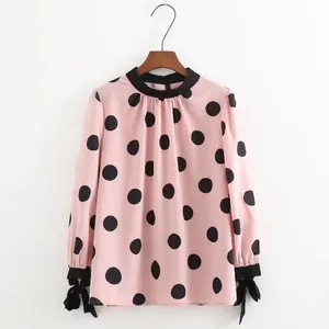 Baju Bangkok 2018 Grosir Wanita Vintage Kerah O Polkadot Besar Kancing Belakang Blus Elegan Desain Leher Atasan Pakaian Wanita