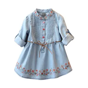 Ivy10318A Kids girls embroidered dress summer 2019 long sleeve denim frocks