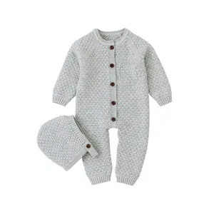 Mimixiongニット100% オーガニックコットン服赤ちゃんのロンパースセット帽子付き子供服スーツ幼児ジャンプスーツ