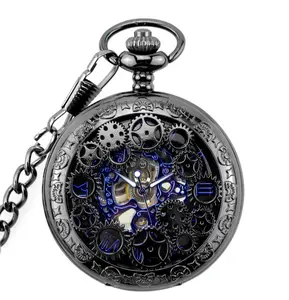 <span class=keywords><strong>Montre</strong></span> de poche mécanique manuelle pour homme, boîtier creux bleu tendance, mouvement analogique, avec longue chaîne, style steampunk, remontage manuel, cadeau - Product Image 2