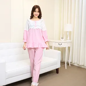 Piyama Katun Polyester/Spandeks Lengan Panjang Celana Panjang Pakaian Tidur Wanita Set