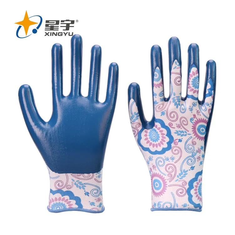 Cotton Hand Gloves Xingyu 13G Printed Polyester Nitrile Coated Safety Work Gloves Garden Gloves