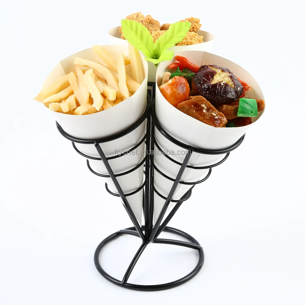 Fio de Metal francês fritar alimentos titular cone-detém três (3) snack chip de cones de uma só vez-black & red-ferro-em estoque