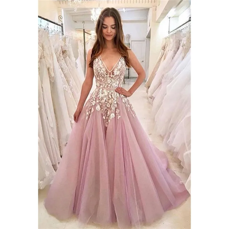 Groothandel Sexy V-hals Roze Prom Jurk Lange Tulle Lace Avond Jurken Gepersonaliseerde