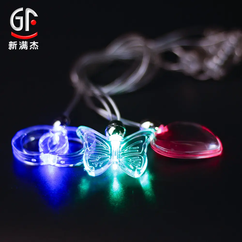 Fabrik China Großhandel Acryl Schmetterling Herz Kreis Anhänger LED leuchten im Dunkeln leuchten Halskette