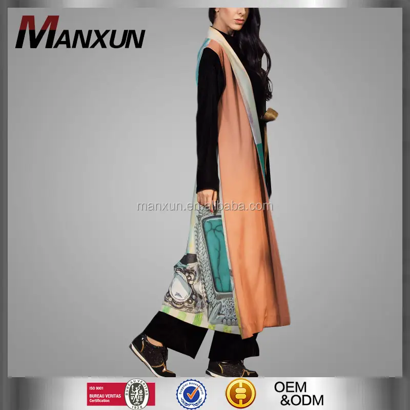 Nuevo modelo impreso frente abierto Abaya en Dubai Abaya musulmán sin mangas kimono kaftan turco jubah Maxi islámicos señoras cardigan