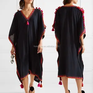 Bohemian Clothing Mexican Embroidered Embellished Cotton Kaftan Dress Moroccan Caftan Beach Wear With Colorful Pom-Poms HSK5846