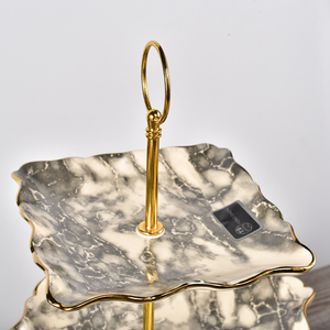 Unique 3 Tier Hotel Restaurant Used Ceramic Dessert Plate / Party Wedding Decoration Black <strong>Marble</strong> <strong>Cake</strong> <strong>Stand</strong> with Gold Rim - Product Image 6