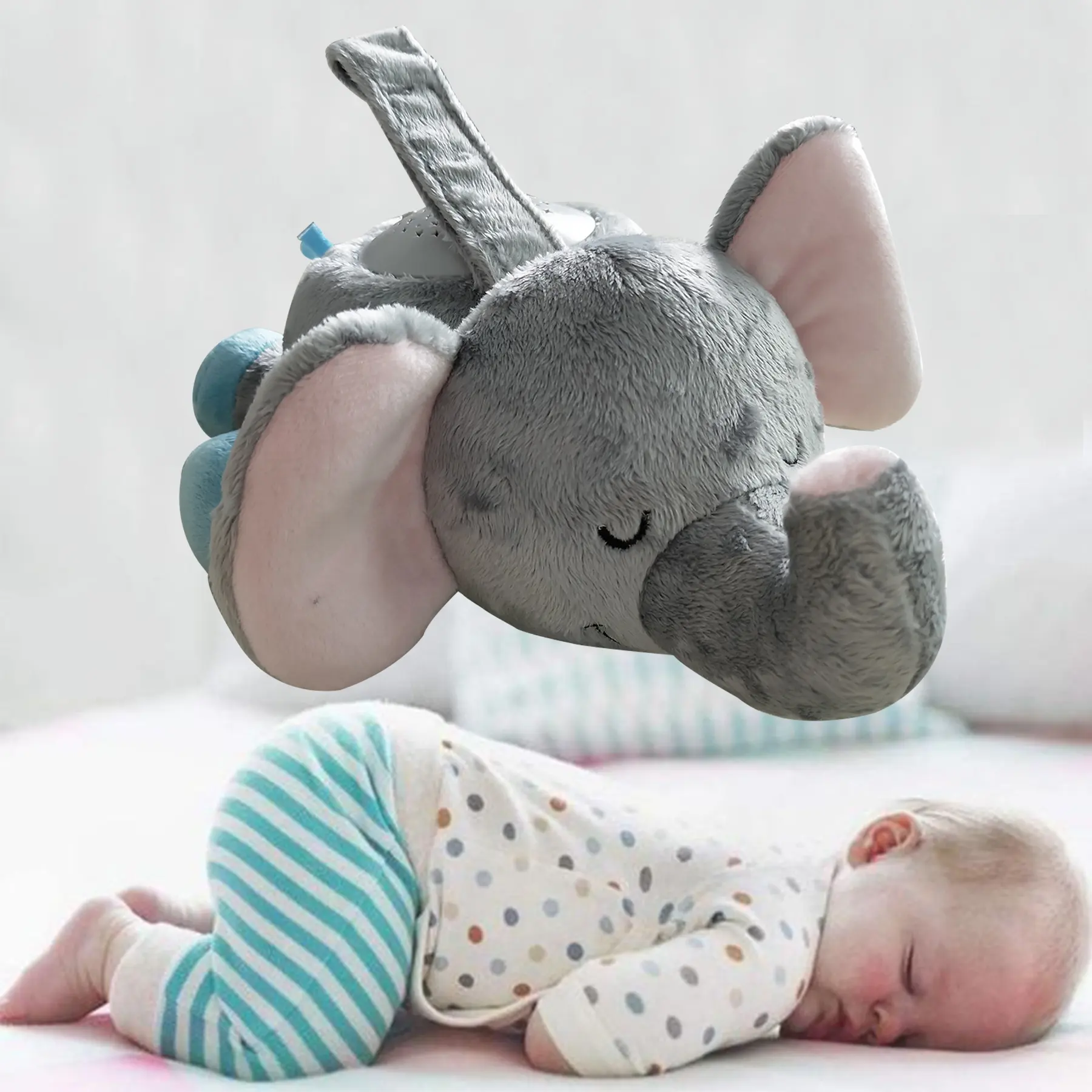 Customize White Noise Elephant Plush Toy With Rechargeable Sound Machine