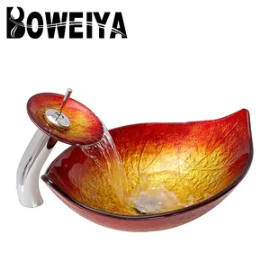 Hot Sale Leaf Shape 12mm Thickness Bathroom Red Glass Vessel Bowl