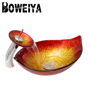 Hot Sale Leaf Shape 12mm Thickness Bathroom Red Glass Vessel Bowl