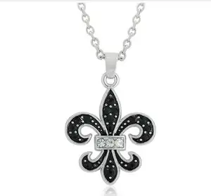 New Simple Design Black Enamel Fleur De Lis Austrian Crystal Charm Pendant Necklace Best Gift Of Wicca Jewelry