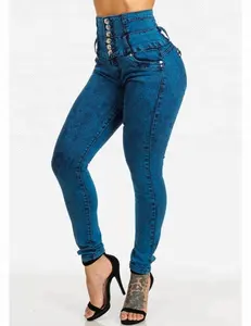 Royal wolf denim jeans manufacturer blue acid washed high waist skinny colombian butt lift push up denim pants
