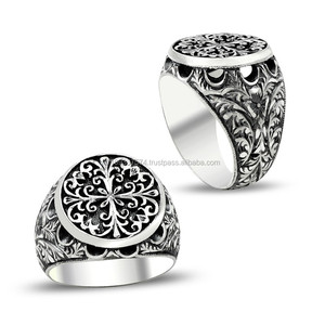 925K Sterling <b>Silver</b> Art Design Carved Turkish <b>Men</b> Round <b>Ring</b> Handmade - Product Image 1