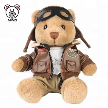 Nhãn hiệu riêng hãng hàng không Aviator gấu bông đồ chơi sang trọng với áo khoác bán buôn OEM biểu tượng tùy chỉnh dễ thương nhồi bông mềm đồ chơi gấu bông