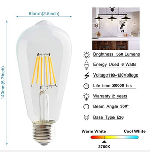 Bóng Đèn Dây Tóc <span class=keywords><strong>LED</strong></span> 6W Kiểu Edison ST64 Thay Thế Bóng Đèn Sợi Đốt 60W Bóng Đèn Edison Trắng Mềm St64 - Product Image 2