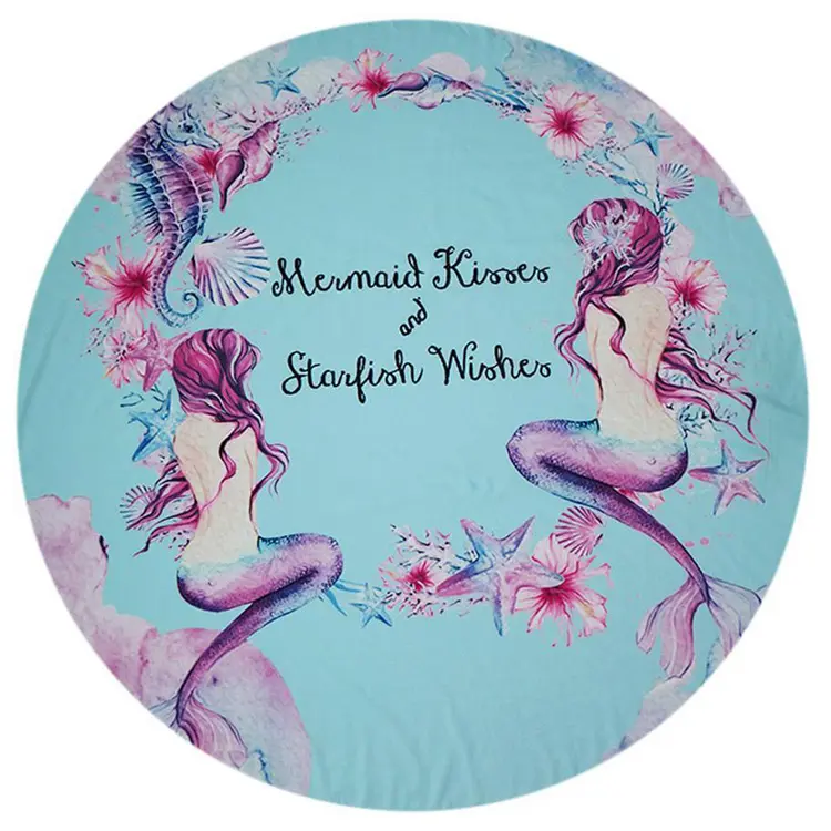 Promotional mermaid printed round beach towel with tassel