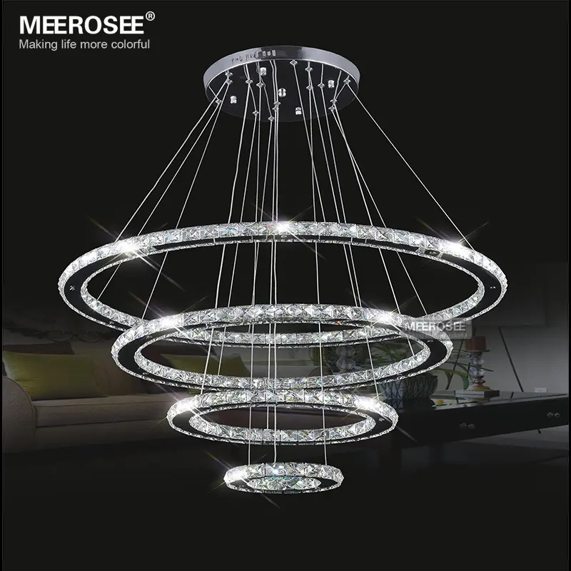 Gương Thép Không Gỉ Pha Lê Kim Cương Thiết Bị Chiếu Sáng 4 Nhẫn Led Pendant Lights Cristal Dinning Trang Trí Treo Đèn