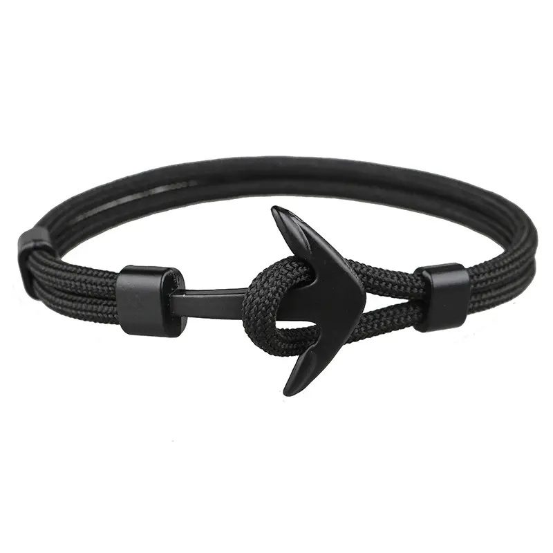 New European Hot Sale Polyester Rope Black Metal Anchor Bracelet For Men