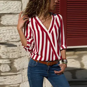 Women Shirt V-neck Casual Tops Blouse Ladies Striped Long Sleeve Blouse